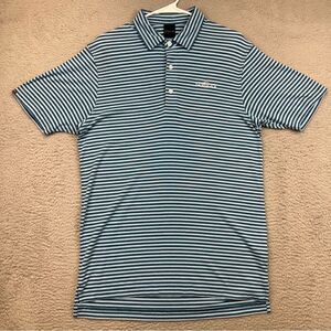 Dunning Polo Shirt Mens Small Blue Striped Golf Stretch‎ CoolMax Thronblade Logo